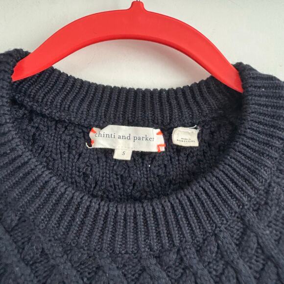 Chinti & Parker Navy Cream Heart Sz S Merino Wool Cable Knit Sweater Minimalist - Picture 5 of 11